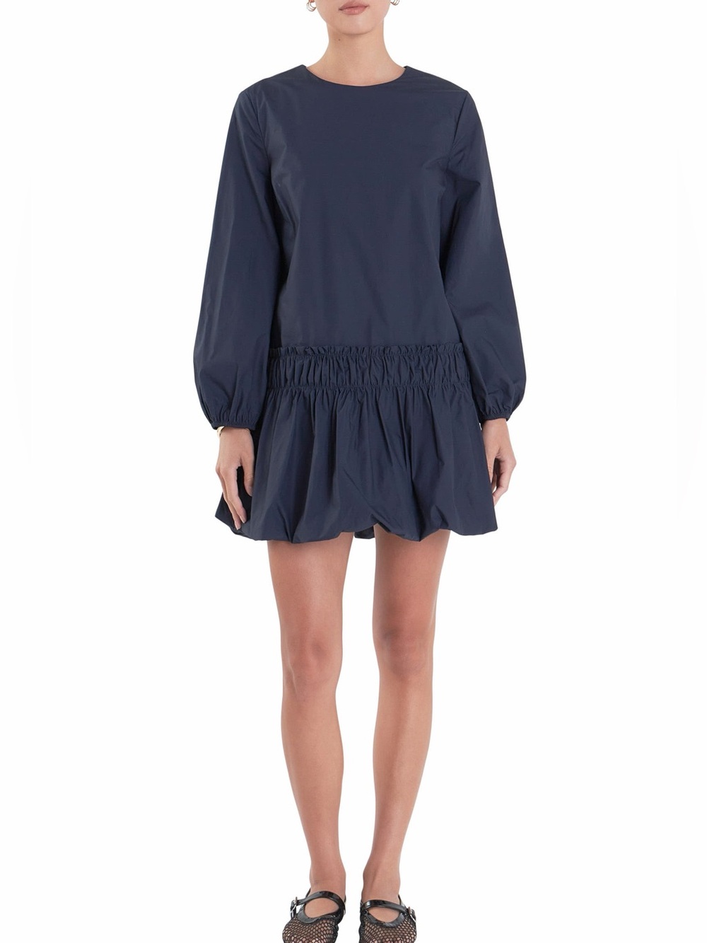 ✨ NWT English Factory Bubble Hem Long Sleeve Cotton Mini Dress Navy Size‎ S